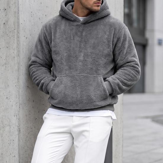 Codzienna Casualowa Streetwear Męska Pluszowa Bluza z Kapturem, Polarowy Pulower Teddy z Kieszenią Kangurką, Luźny Top z Kieszenią, Miękki Ciepły Zimowy Sweter