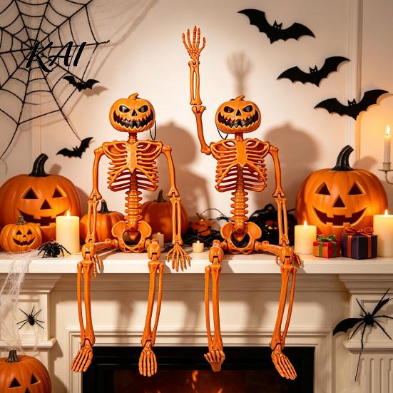 Hard Plastic Skeleton 40cm Pumpkin Head for Halloween Decoration, Movable Joint Flexible Jointed Figure Skull Figurine with Hanging Lanyard,