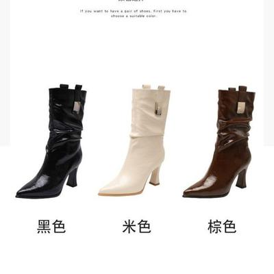 Fashion Fashion Metal Buckle Mid-leg Boots Women Block Heel Pleated Pointed Toe High Heel Fashion Boots Women 2025 New