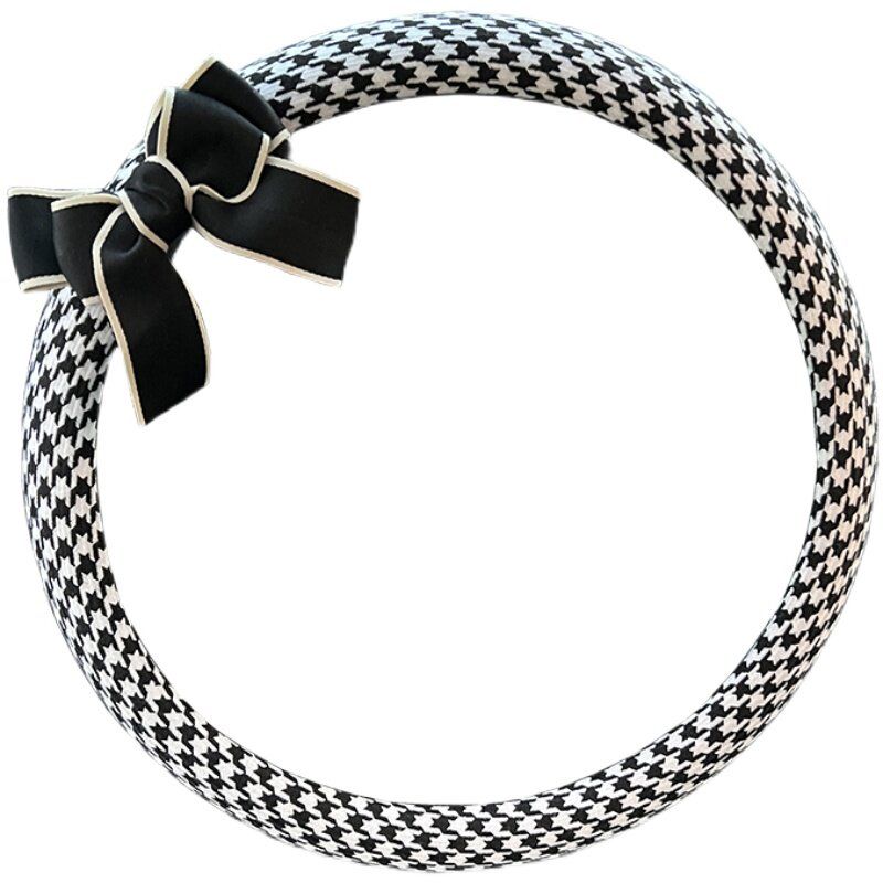 Car Steering Wheel Cover Summer Cotton Linen Breathable Non-Slip Goddess Houndstooth Bow All-Season Universal Handlebar Cover