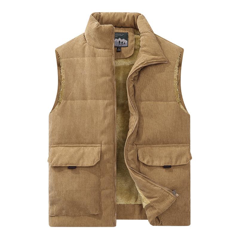 Men's Corduroy Coat with Thick Velvet Clip, Large Size Stand Up Collar, Camry Shoulder, Work Clothes, Down Cotton Tank Top