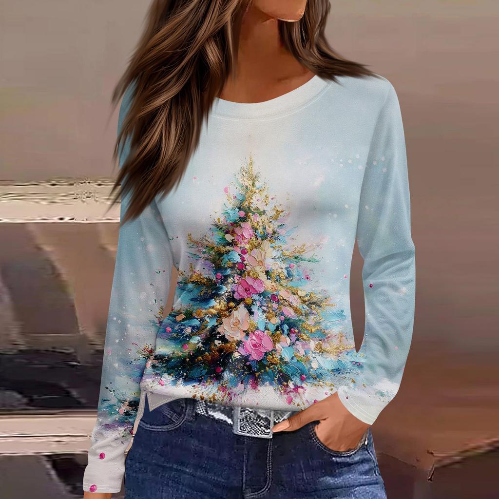 Women's Fashion Hem Slit Casual Christmas Printed Round Neck Long Sleeve Top