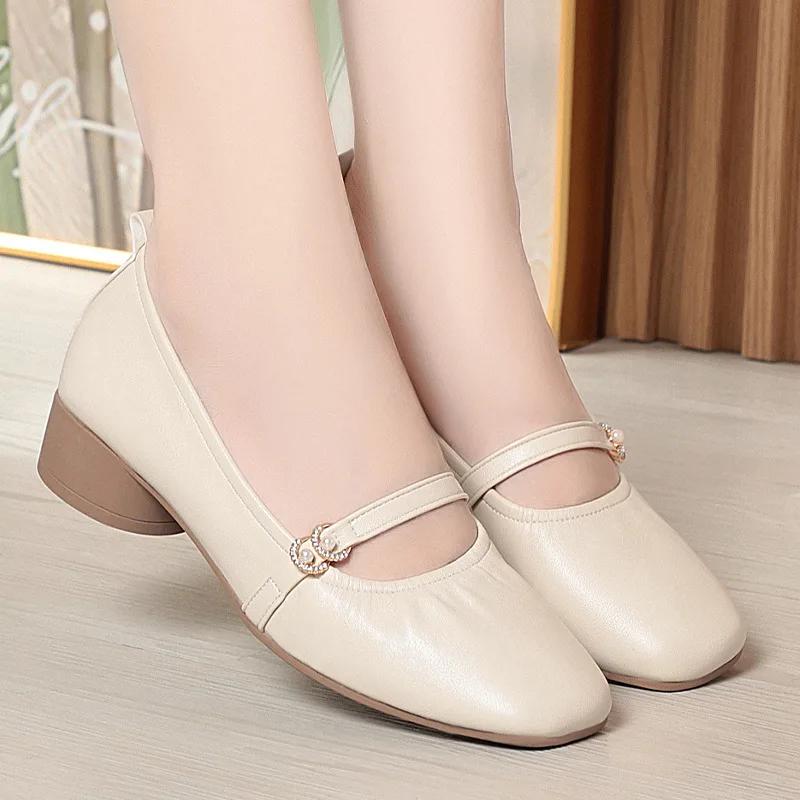3cm Fashion Breathable Comfortable Shallow Mary Janes Women's Flats 2025 Fall Block Heels Soft Leather Shoes for Office Mom