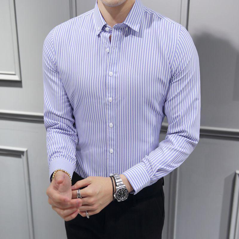 Męskie koszule biznesowe casual w paski, dopasowane, w stylu koreańskim - Modne ubrania na wiosnę/lato