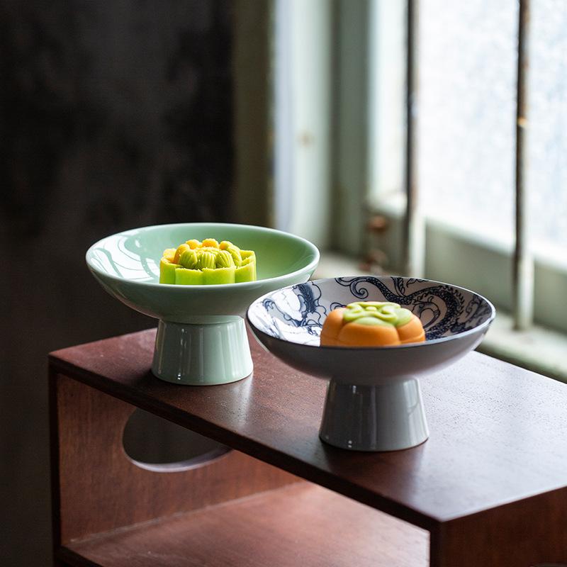 Antiker blau-weißer Dessertteller mit hohem Fuß, Obsthalter, chinesischer Gebäckteller, Tablett, Keramik-Obst-Sanck-Teller, Service-Tablett