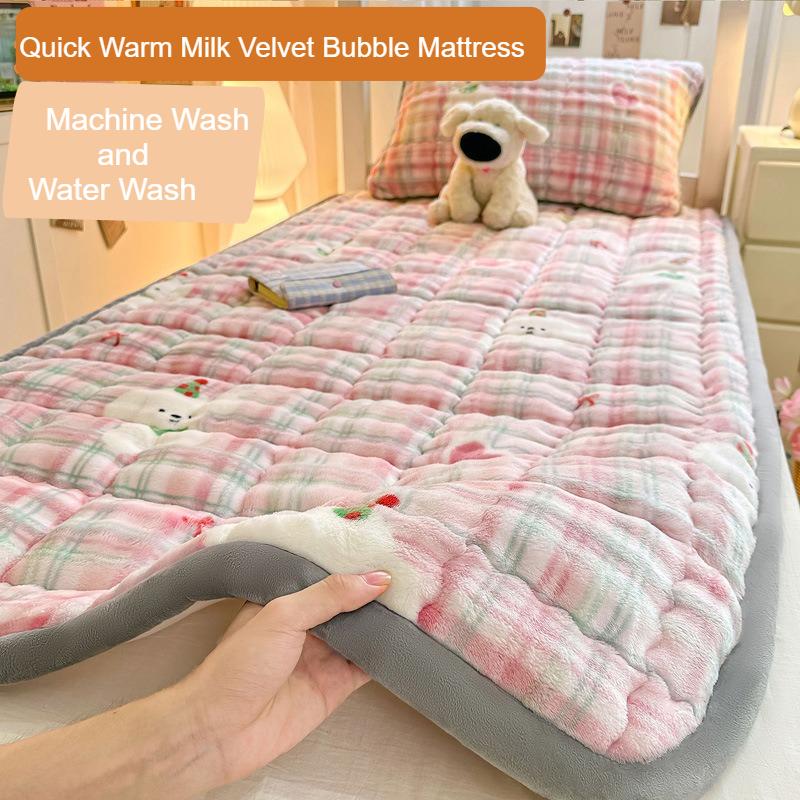 1pc Soft Milk Velvet Bubble Fleece Mattress Designed for Winte Ideal for Students&Seasonal Use Warm Plush Quilted Mattress Cover