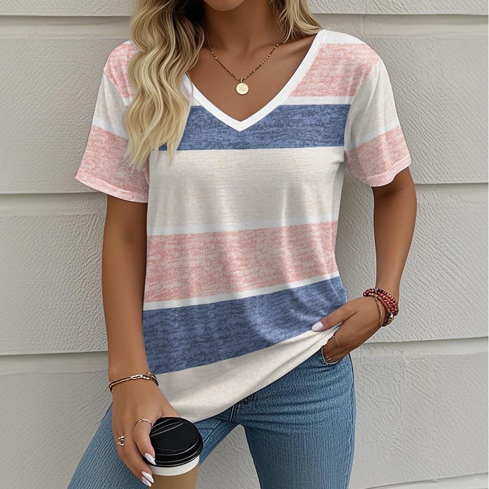 Summer Ladies Striped Printing Oversized T-Shirt Retro Fashion Casual V Collar Women Short-Sleeved T-Shirt