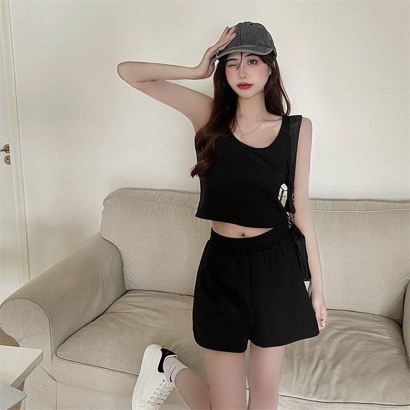 Women's Summer Sports Two-Piece Set: Short Vest & High-Waisted Wide-Leg Shorts Casual