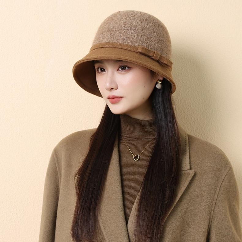 Herbst und Winter Eleganter Woll-Bucket-Hut Damen Retro Schleife High-End Thermischer Beckenhut