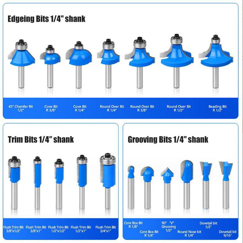 35PCS 1/4inch(6.35mm) Shank Tungsten Carbide Router Bit Set Wood Woodworking Cutter Trimming Knife Forming Milling