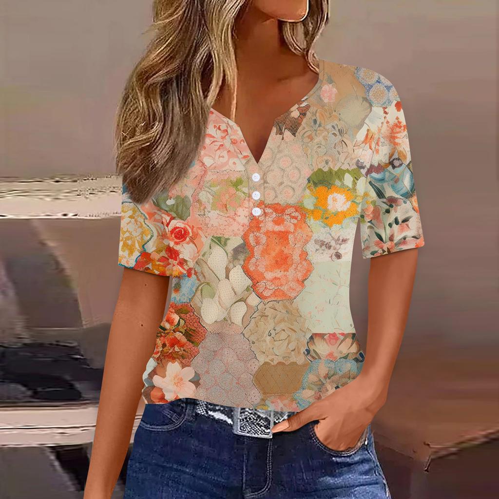 Women's T Shirt Print Button Short Sleeve Daily Weekend Fashion Basic V-Neck Regular Top