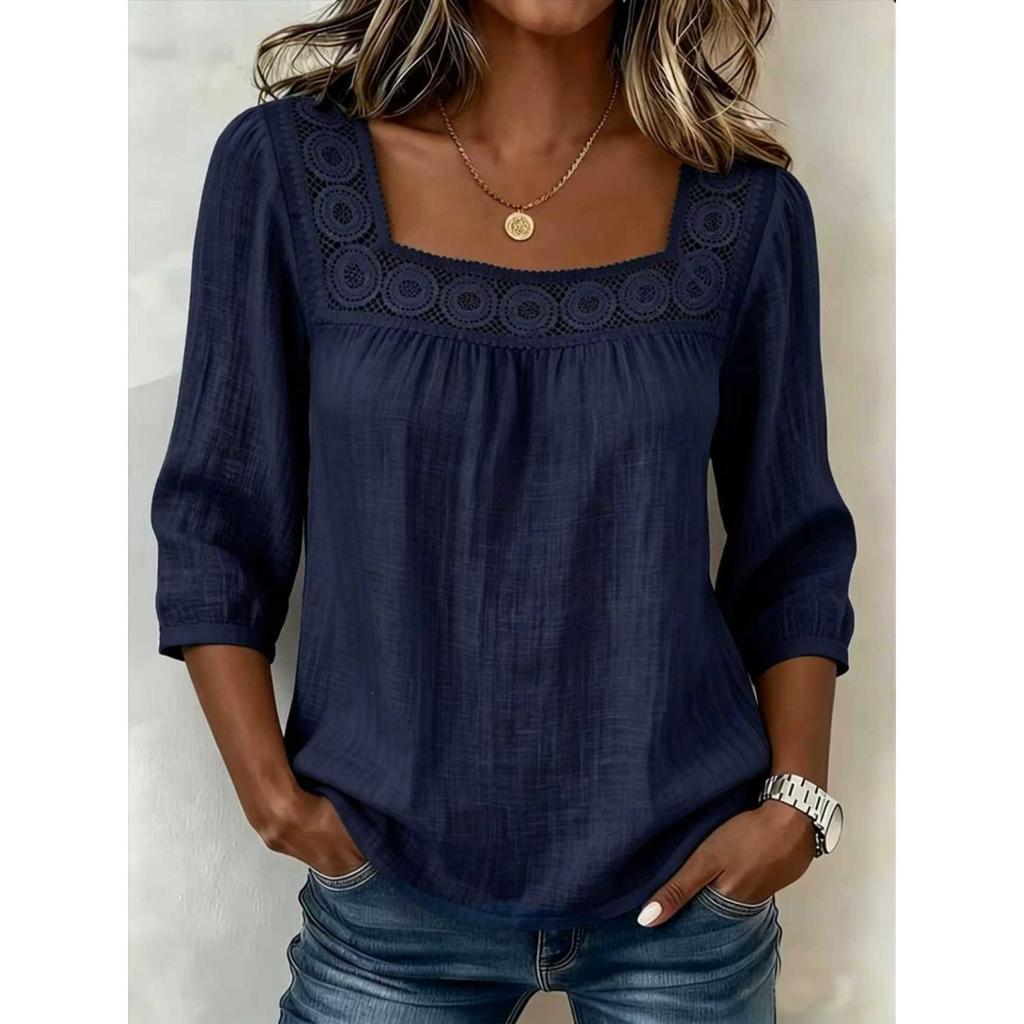 Neues Sommer Damen Einfarbig Quadratischer Kragen Spitze Patchwork 3/4 Ärmel Baumwolle Leinen Lässiges Oberteil