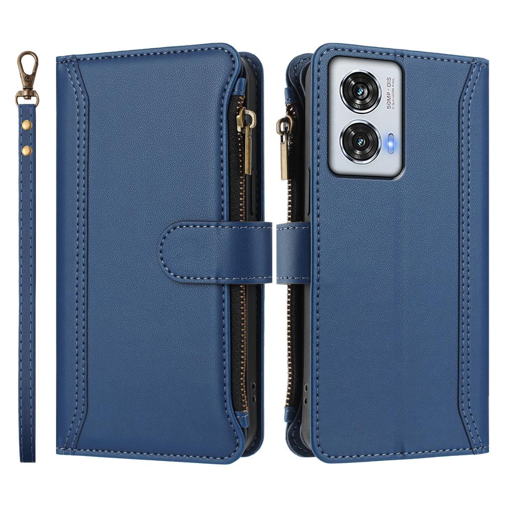For Motorola Moto G85 5G/Motorola Edge 50 Fusion 5G Leather Case 9 Card Slots Zipper Wallet Stand Phone Cover with Wrist Strap