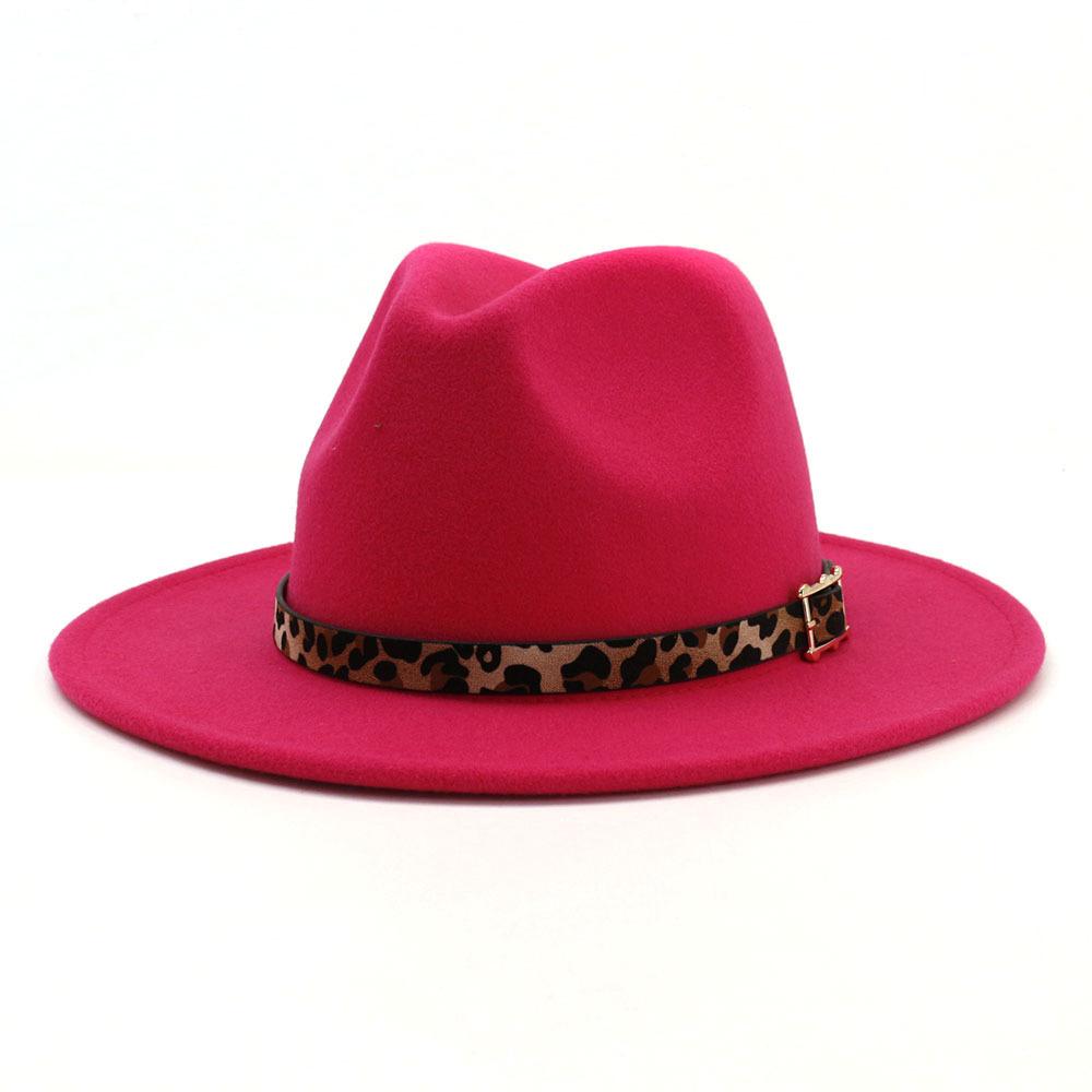 19 Color Women'S Wide Brim Felt Fedora Panama Hat With Leopard Belt Buckle Party Trilby Cowboy Hat Fashion Jazz Cap