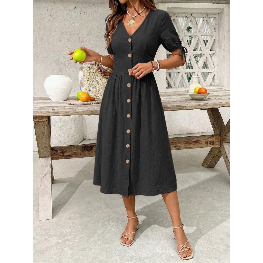 Summer Women's Solid V-neck Short Sleeve Casual Dress European American Style Beach Holiday Vacation Dress