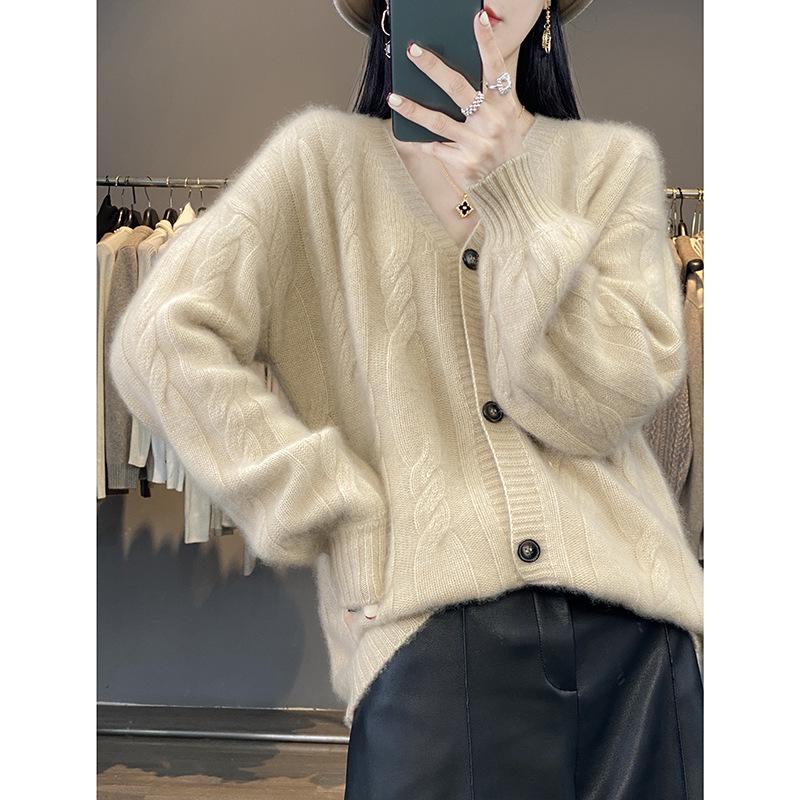 Women's Thickened Cashmere Cable Knit V-Neck Cardigan Sweater