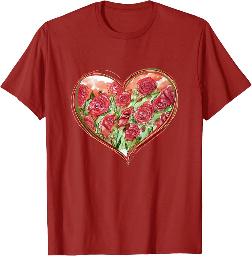 Red Rose Heart Garden Watercolor Graphic Tee Casual Cotton T-Shirt For Men