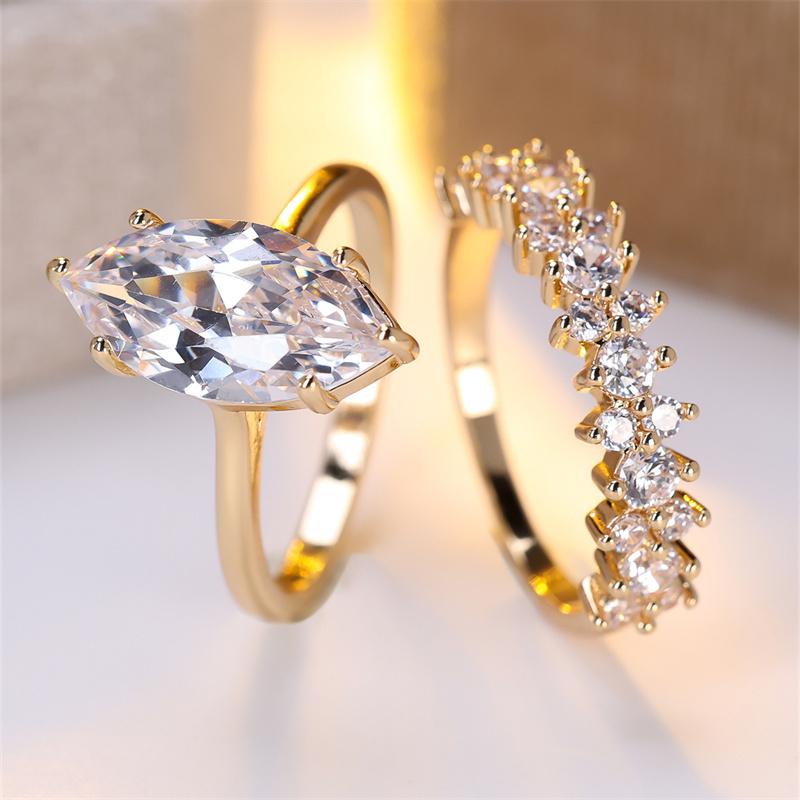 2 Pcs/set Golden Color Marquise Cut White Stone Ring Set Wedding Band Valentine's Day Jewelry