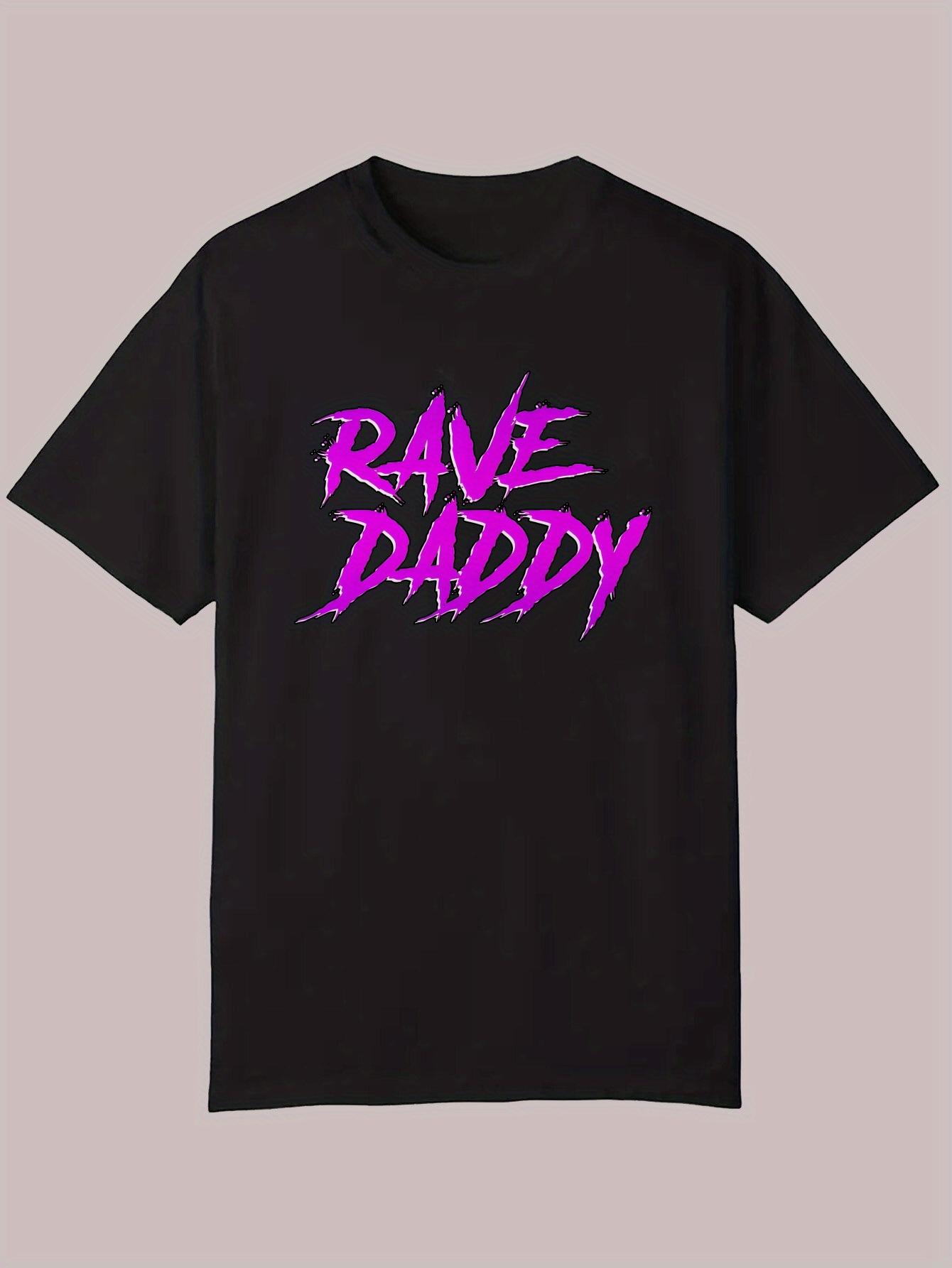 

Black Casual Summer T-shirt with Bold Pink RAVE DADDY Graphic Print - Lightweight Polyester Round Neck Tee for Casual Attire & Music Festivals XXXXL