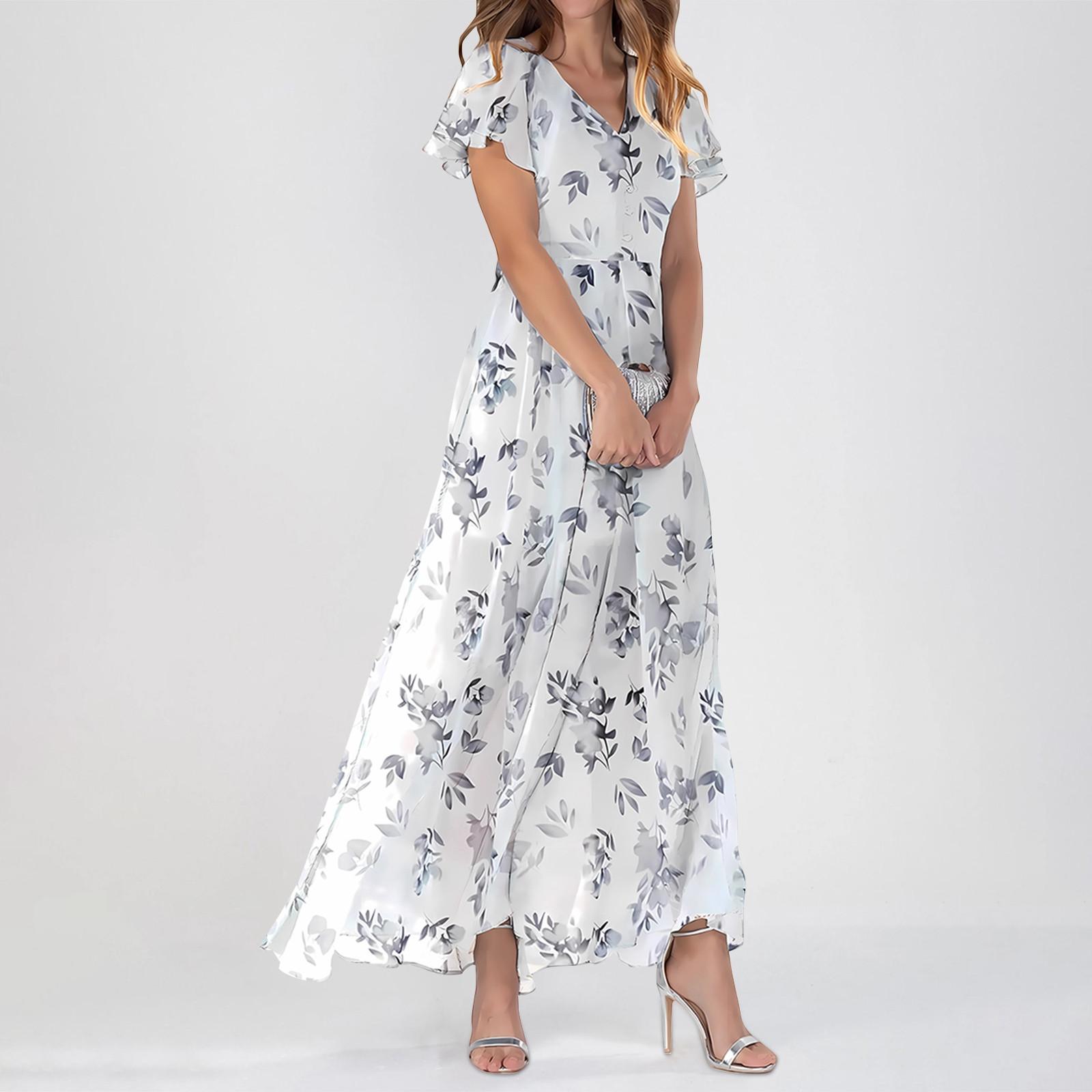 

Женские летние платья Повседневные платья макси с короткими рукавами Милые макси-платья с цветочным принтом Платья для гостей свадьбы Шифоновые струящиеся платья XS белый