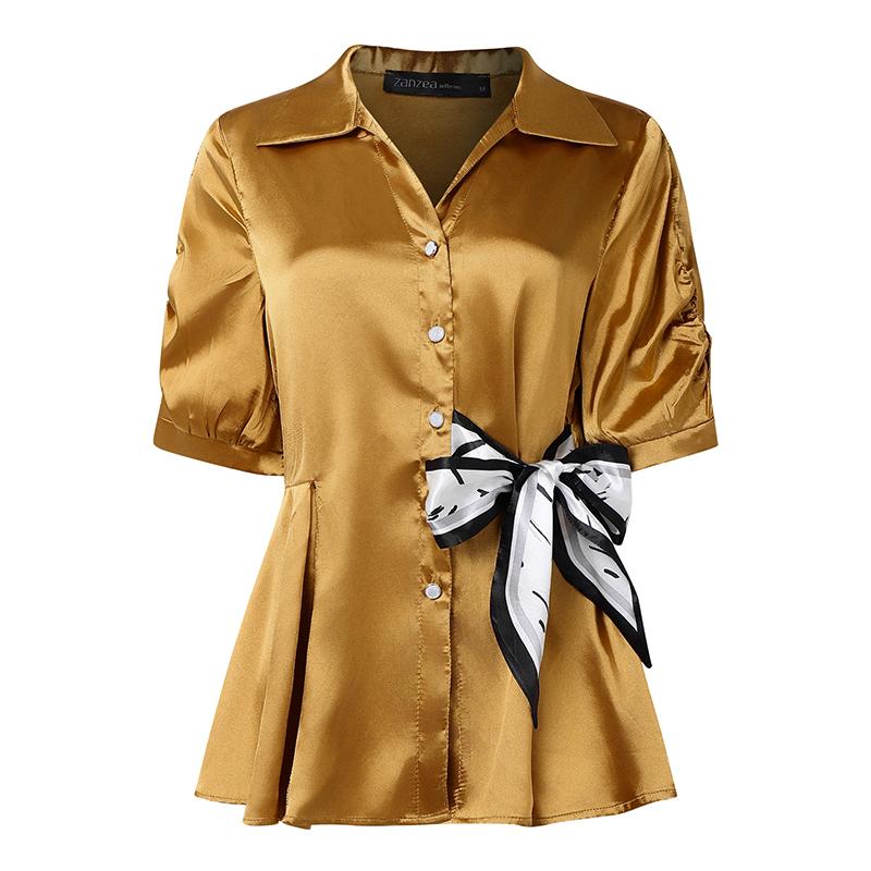 

ZANZEA Женская блузка с отложным воротником, свободная, повседневная, с коротким рукавом, пэчворк, атласная 5XL хаки