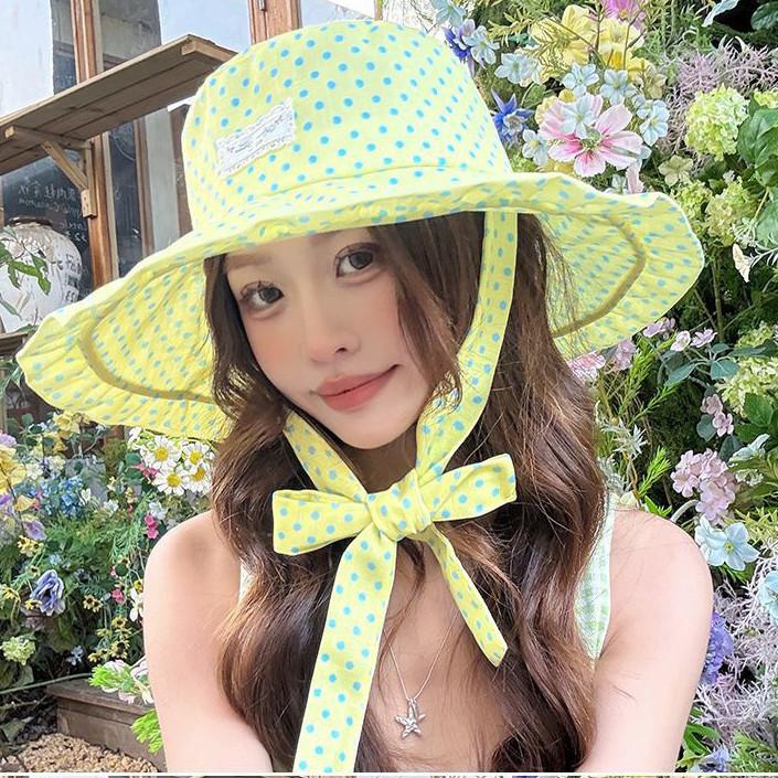 Korean Polka Dot Fisherman Hat for Women, Summer Outing, Lace-Up Strap, UV Protection, Wide Brim Sunshade Sun Protection Hat
