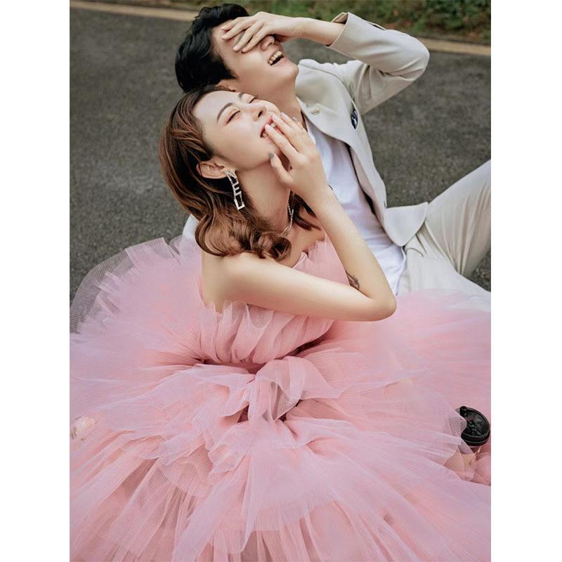 

Розовое свадебное платье 2025 новая одежда уличная съемка пышное платье на плечо легкое свадебное платье XXXL розовый