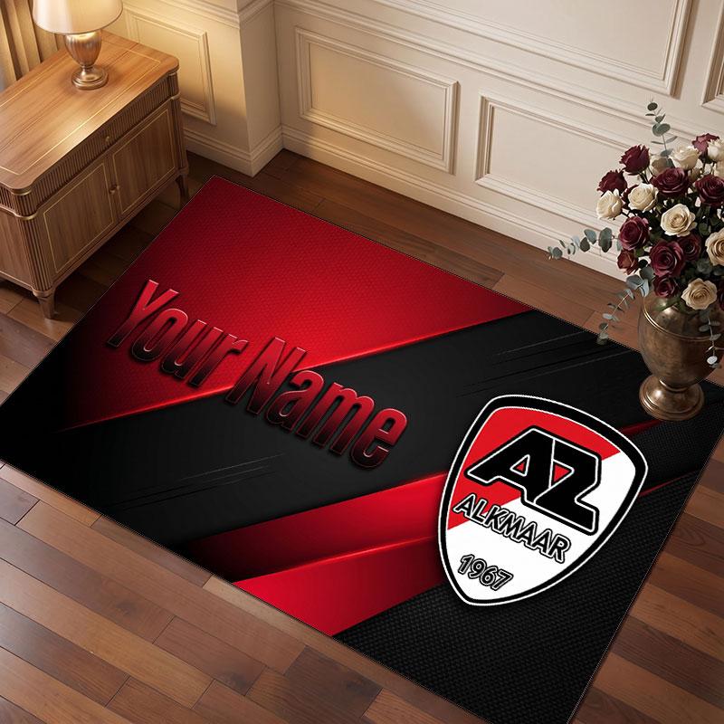 AZ Alkmaar Custom Crystal Velvet Rug, Personalized Name Text Print, Football Logo Soft Non‑Slip Floor Mat Home Decor Gift