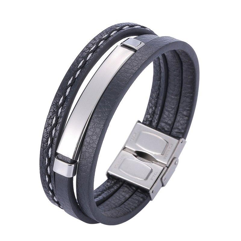 Men Bracelet Stainless Steel Charm Button Clasp Leather Bracelets For Men Punk Jewelry Hip Hop Rock