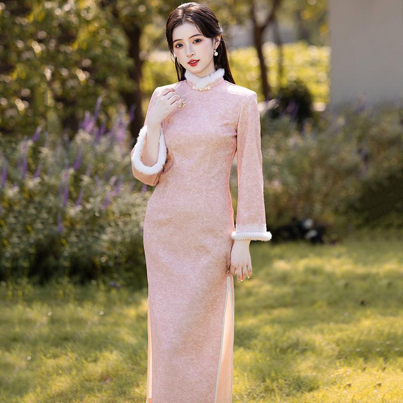 Pink Velvet Thickened Winter Clothing National Style New Chinese Long-sleeved Improved Cheongsam Young Women's High-end Sense Retro Winter