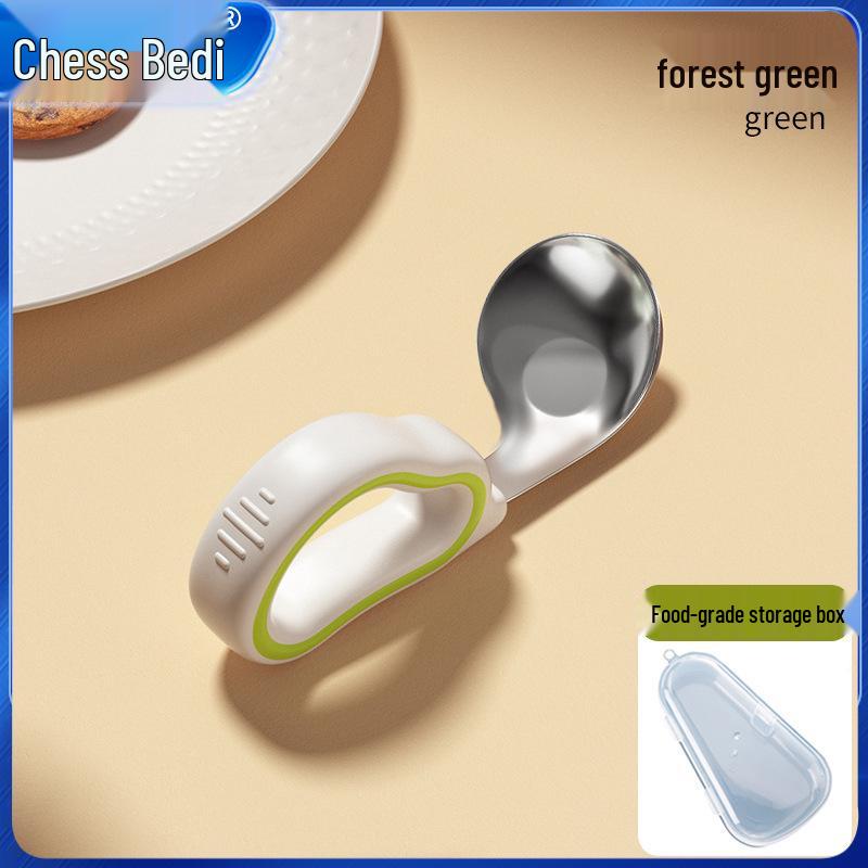 Infant Training Silicone Spoon & Fork Set - Stainless Steel, Short Handle, Bent Head for Learning To Eat