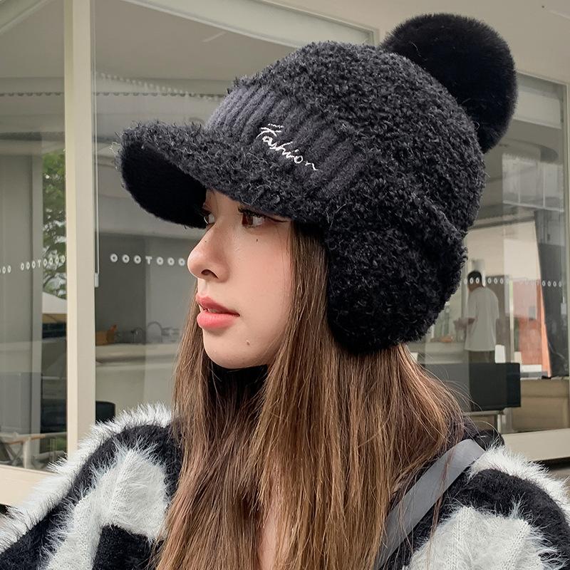 Hat Women's Winter Versatile Fashion Warm Knitted Wool Hat Cycling Windproof Cold-proof Fleece Ear Protector