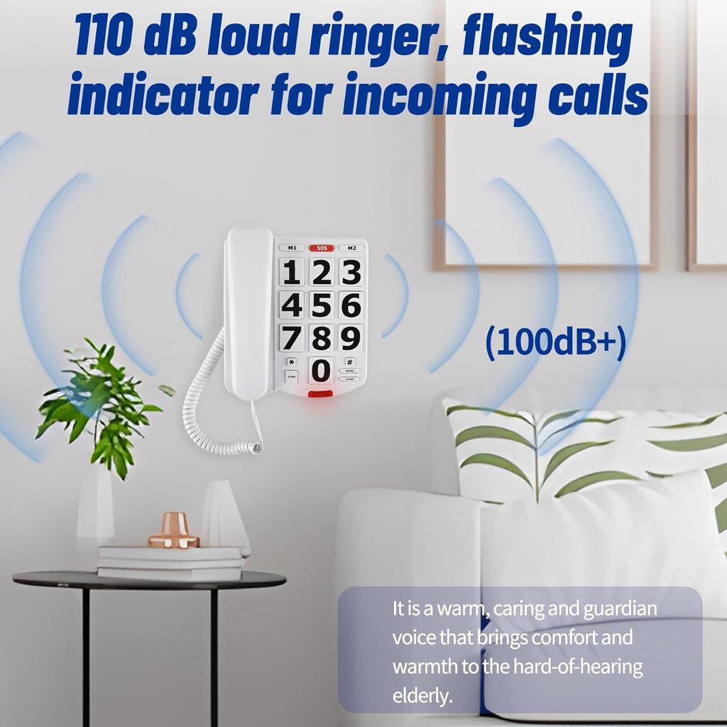 Drátový telefon s velkými tlačítky pro seniory, Nastavitelná hlasitost, Model v anglickém jazyce