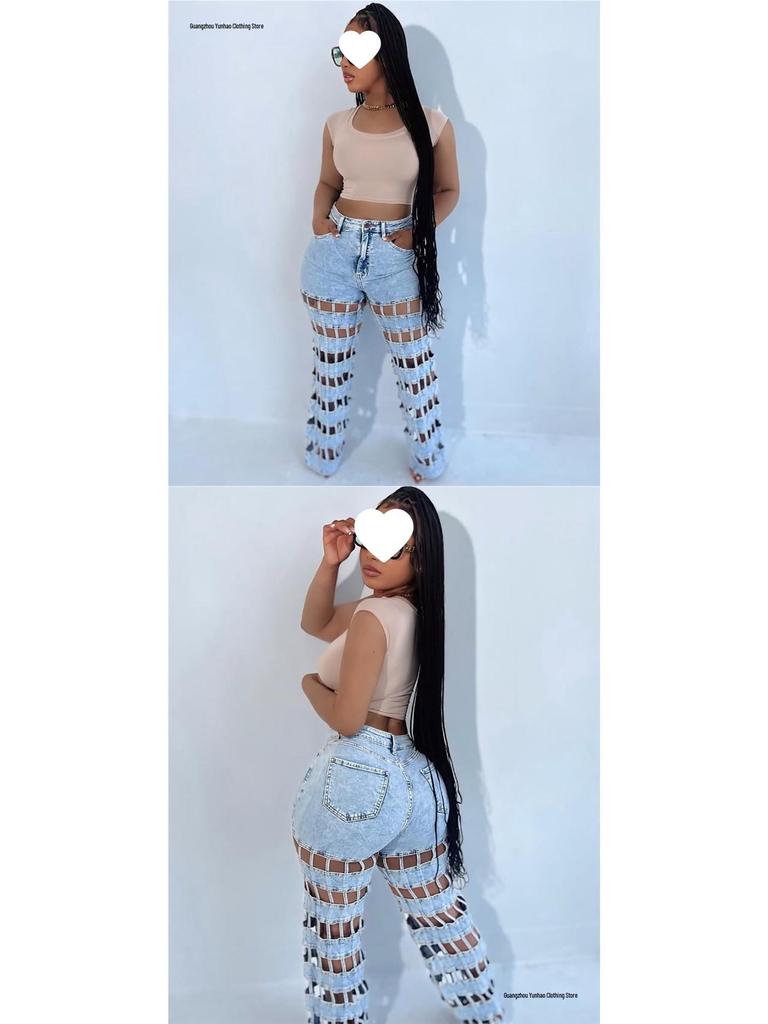 European & American Women's High-Waisted Ripped Jeans - New Street Fashion Hollow Straight-Leg Pants