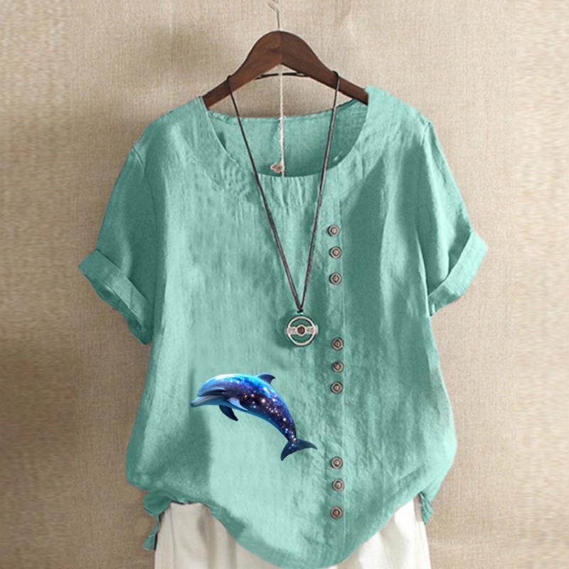 Women's Fashion Round Neck Short Sleeve T-shirt Casual Cotton Linen Graphic Shirt Dolphin Prined Summer Blouse Tops Plus Size