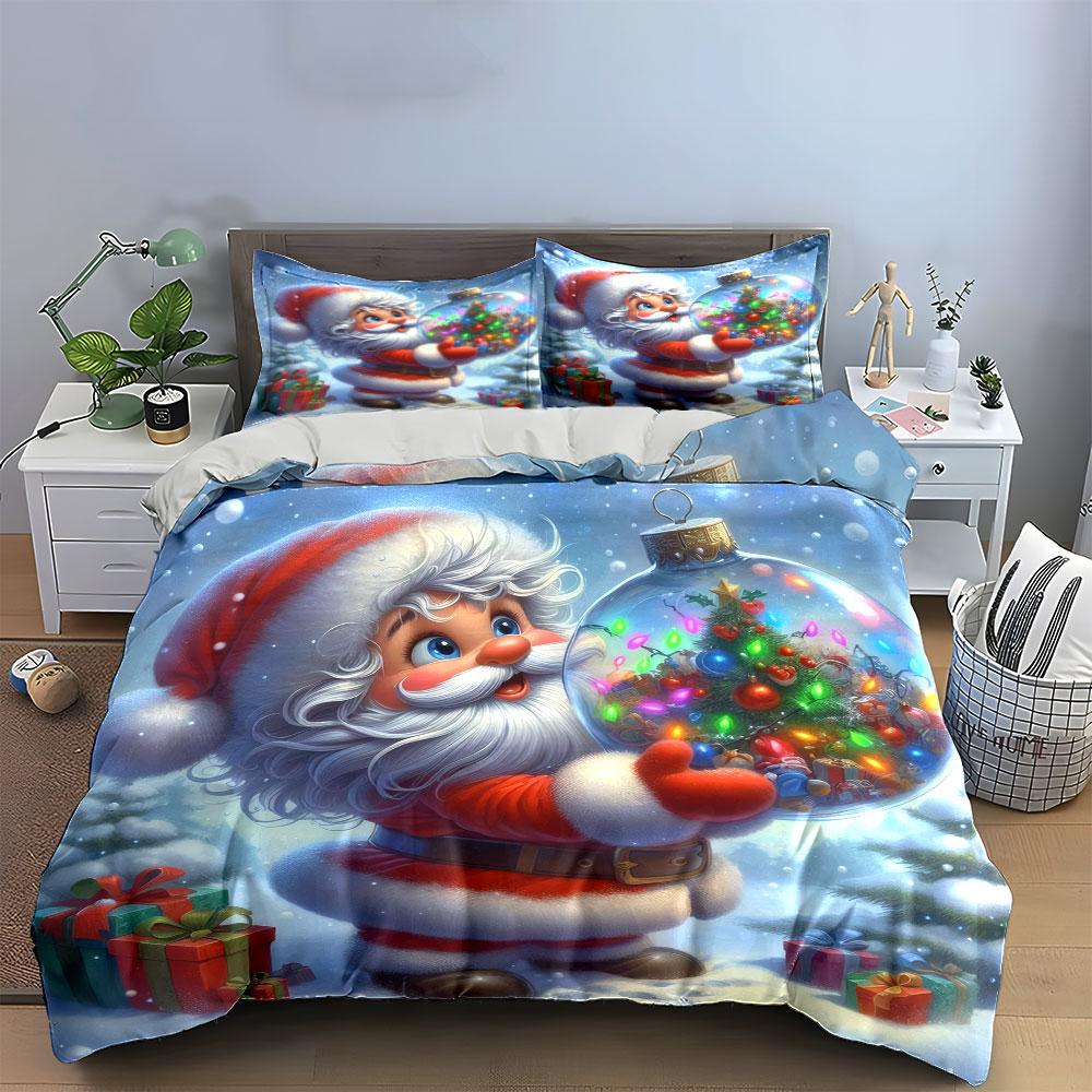 Santa Holding Christmas Ornament Bedding Duvet Cover Set (1*Duvet Cover 2*Pillowcases, without duvet insert)
