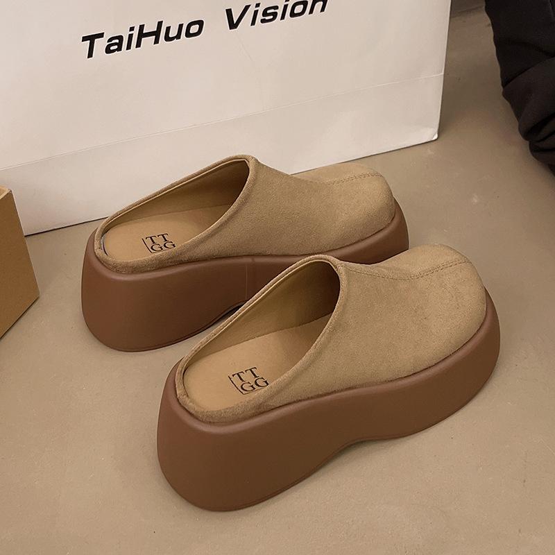 Retro thick-soled bag head and half slippers for women to wear, new spring lazy one-pedal casual height increase