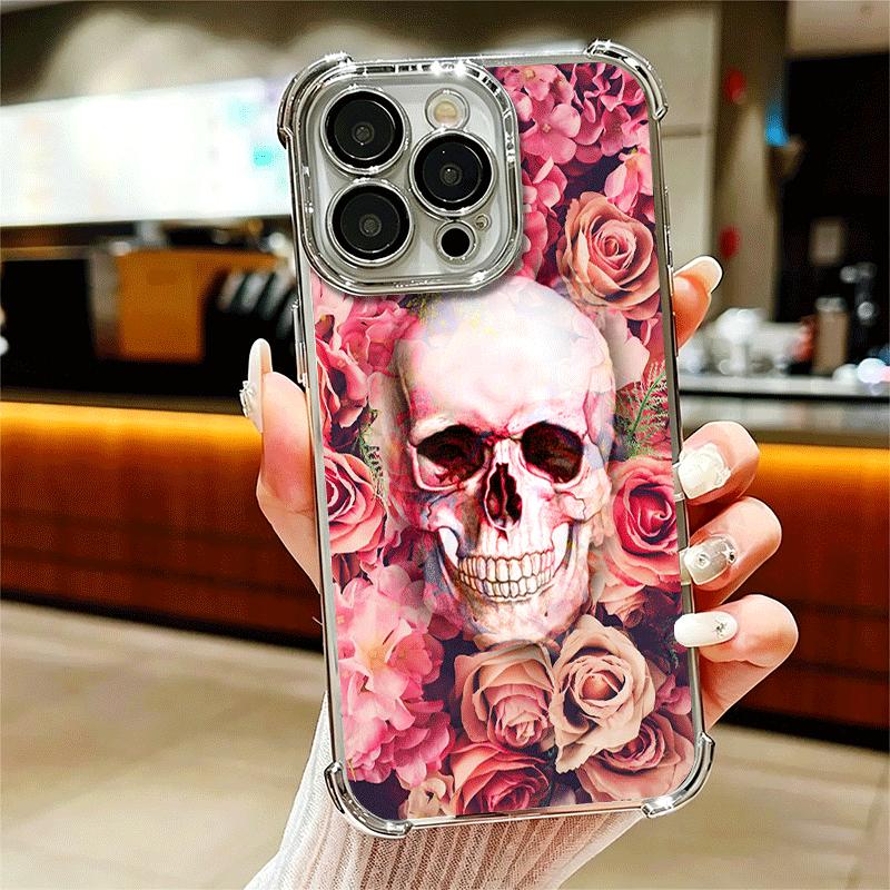 

Floral Skull Flower Skeleton Plating Phone Case For Iphone 16 17 Pro Max Air 16E 14 15 Plus 12 13 Mini Anti-Fall Airabag Cover iPhone 12 Pro Max