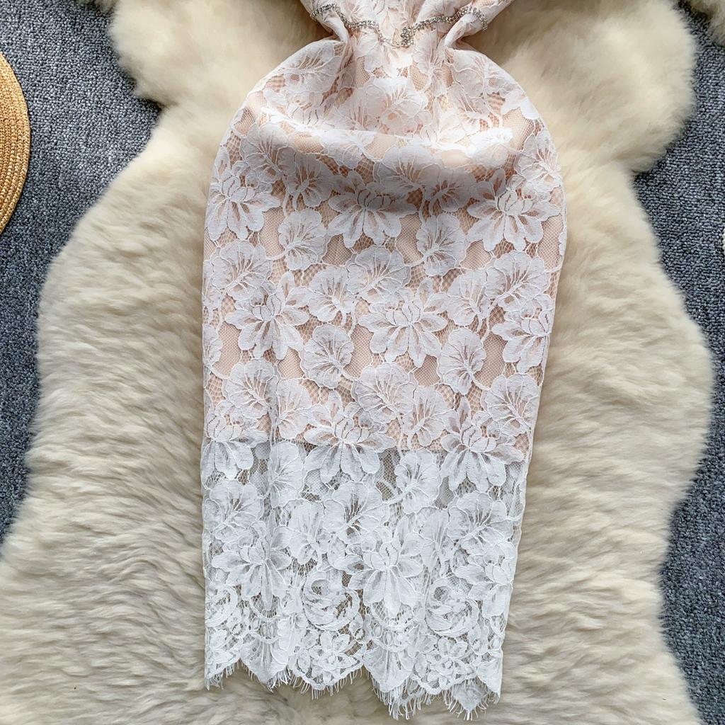 Sommer Frauen Elegante Quadrat Kragen Perlen Spitze Häkeln Blume Büro Arbeit Party Schlank Bodycon Bleistift Kleider