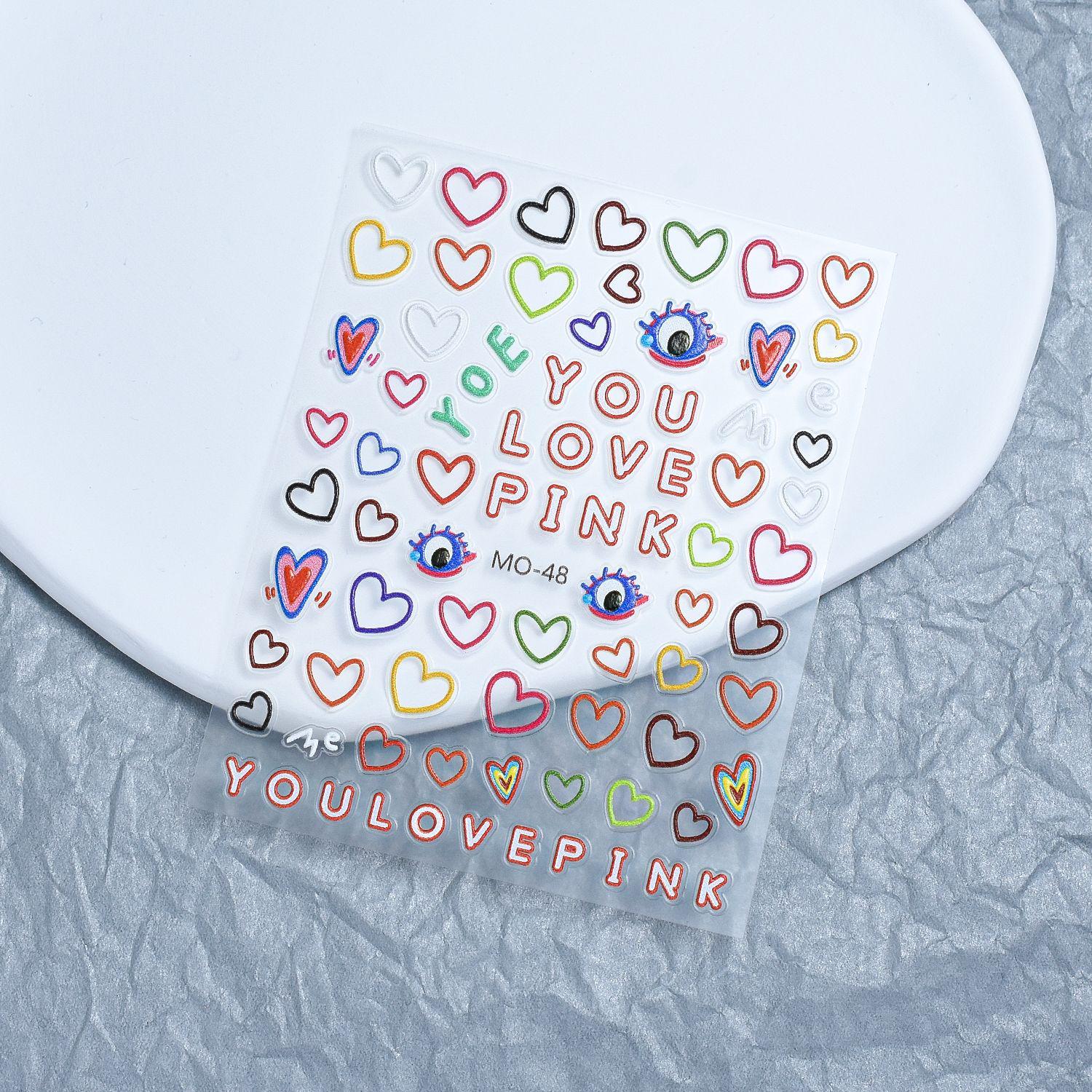 Dopamine Nail Stickers: 3D Embossed Lines, Circles, Tulips, Letters & Hearts
