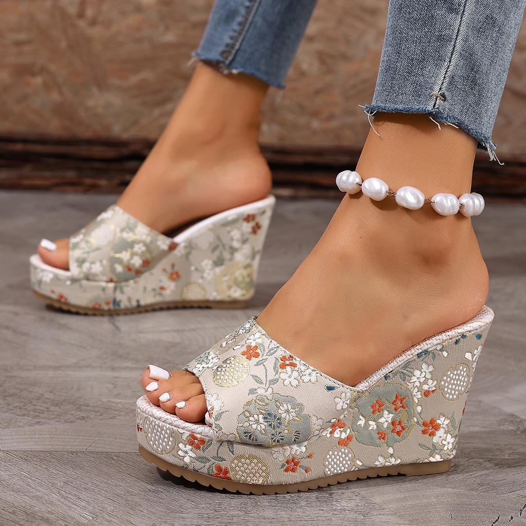 Fashion Women's Platform Slippers Vintage Floral Print Peep Toe Wedge Women's High Heels Floral Print Women's Slippers Summer Shoes