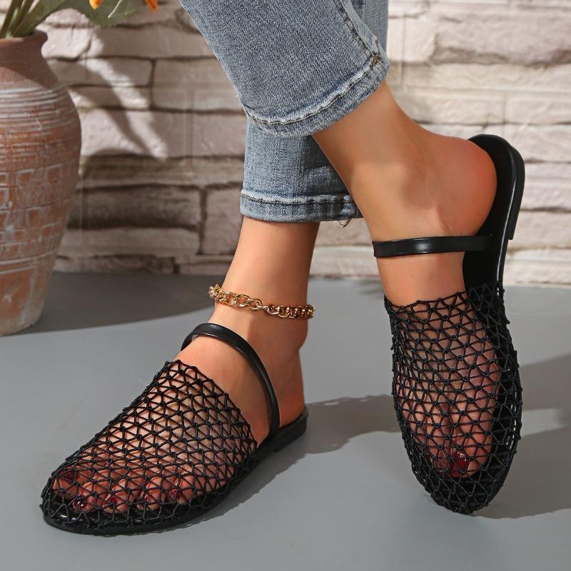 

New hollow mesh bag head flat bottom slippers women wear round head beach cool 36