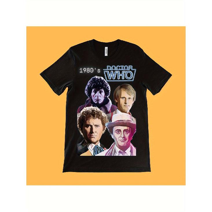 Men s Dr Who 1980s T-Shirt - 5th & 6th Doctor (Baker & Davison/McCoy) Iconic TV Show Logo & Characters, Retro 80s British Sci-Fi Series, Casual Round S чёрный