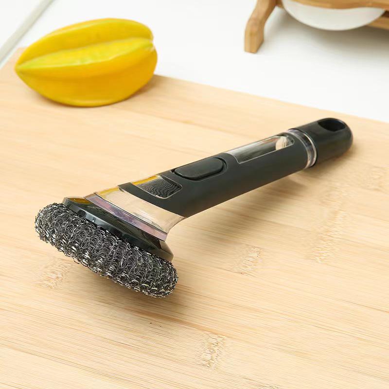 Premium Long-Handled Liquid-Dispensing Pot and Dish Brush for Efficient Kitchen Cleaning