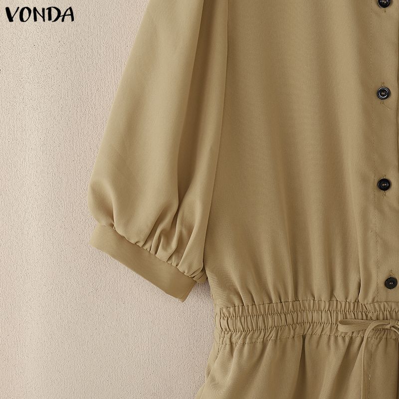 VONDA Women Lapel Collar Half Sleeve Loose Casual Short Jumpsuits Rompers Overalls