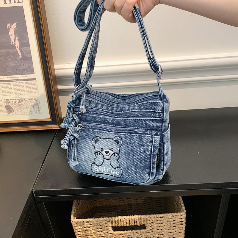 Denim Small Square Bag Embroidered Mobile Phone Bag Women's Shoulder Crossbody Bag