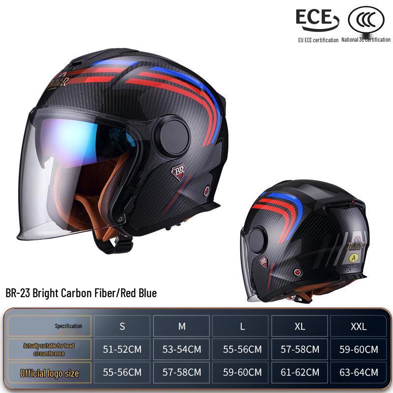 BEON Ultra-light Carbon Fiber Electric Motorcycle Helmet, Three-quarters Half Design, Double Visor, Unisex, All-Season.