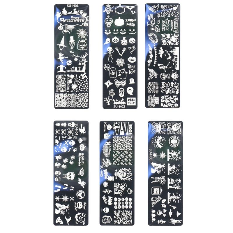 Halloween Nail Art Stamping Templates Kit 6 Pcs Nail Art for Image Plates Pumpkin Ghost Skull Bat Owl Spider Web Nail De
