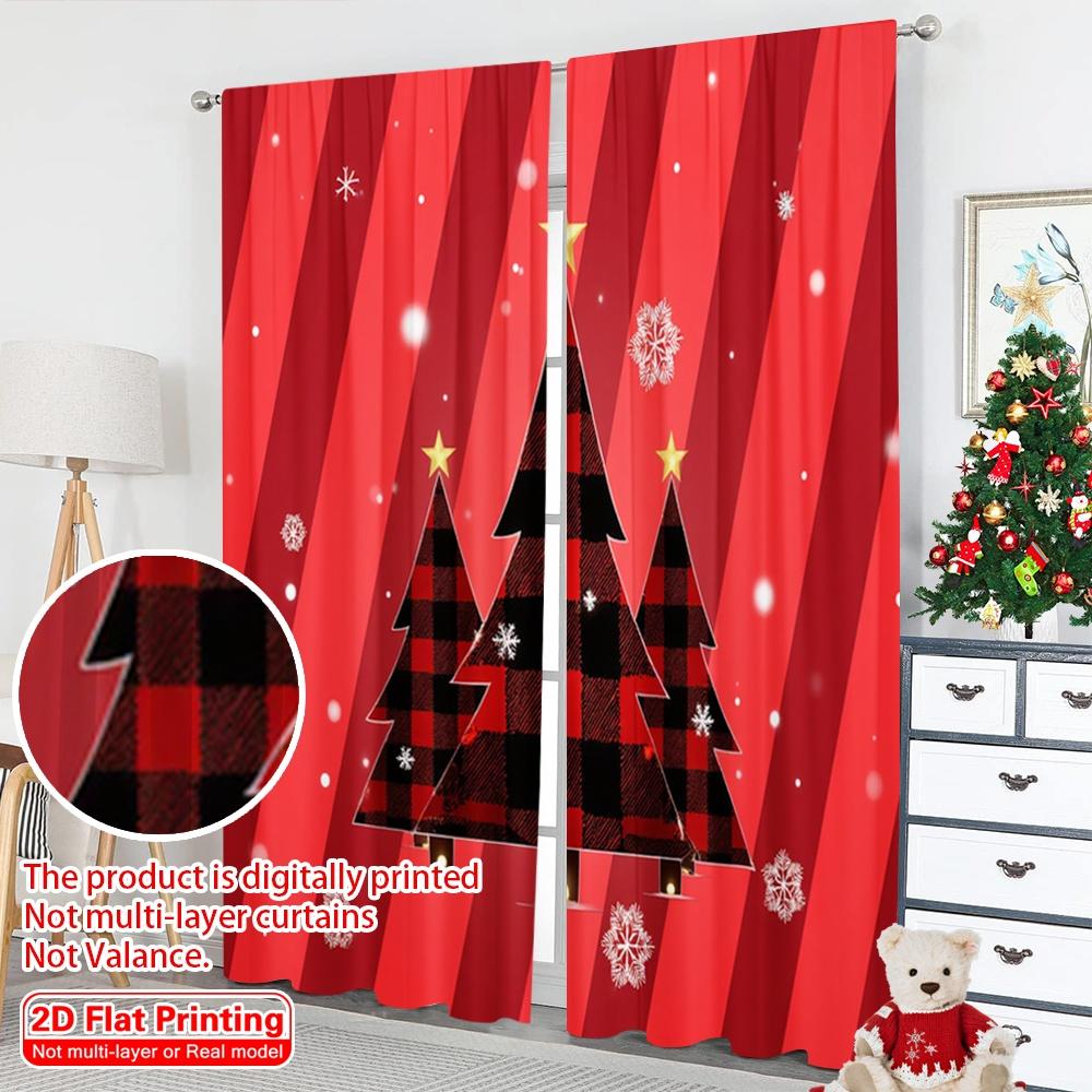 2pcs 2D flat printing Merry Christmas Drapes Buffalo Plaid Christmas Trees_b Polyester Without Electricity Family Party for room