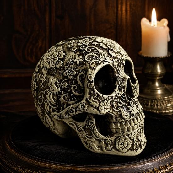 Festive Halloween Window Displays Creative Skull Flowers Sculpture, Human Head Skeleton Statue, Collectible Ornaments for Home Decor Decor,